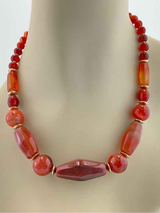 Artisan Jewelry - Vintage Carnelian Necklace with Gold Plate Accent Beads, BoHo, 18 1/2" Long